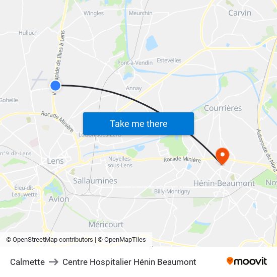 Calmette to Centre Hospitalier Hénin Beaumont map