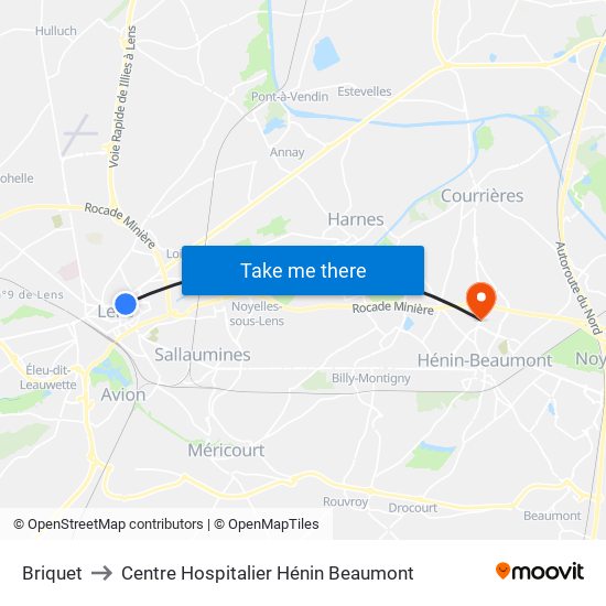 Briquet to Centre Hospitalier Hénin Beaumont map