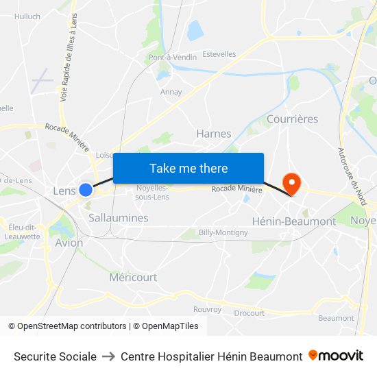 Securite Sociale to Centre Hospitalier Hénin Beaumont map