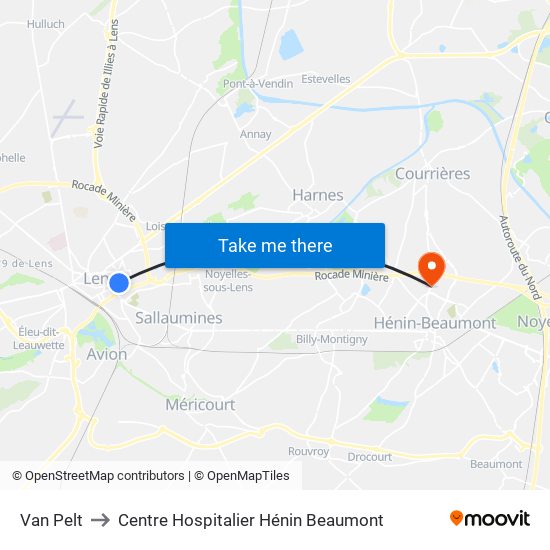 Van Pelt to Centre Hospitalier Hénin Beaumont map