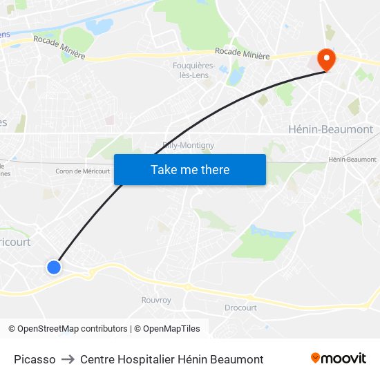 Picasso to Centre Hospitalier Hénin Beaumont map