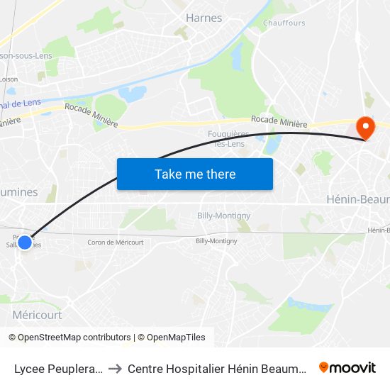 Lycee Peupleraie to Centre Hospitalier Hénin Beaumont map
