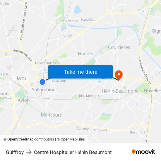 Guiffroy to Centre Hospitalier Hénin Beaumont map