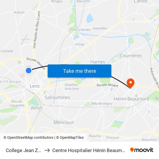 College Jean Zay to Centre Hospitalier Hénin Beaumont map