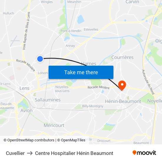 Cuvellier to Centre Hospitalier Hénin Beaumont map