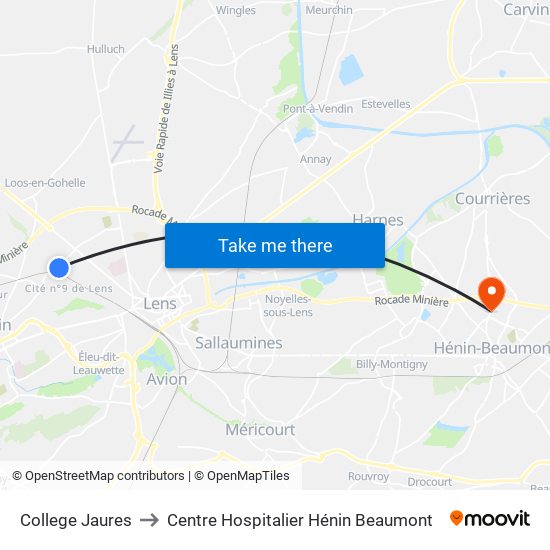 College Jaures to Centre Hospitalier Hénin Beaumont map