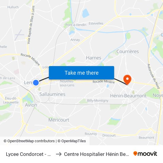 Lycee Condorcet - Quai B to Centre Hospitalier Hénin Beaumont map
