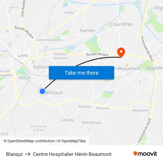 Blanqui to Centre Hospitalier Hénin Beaumont map