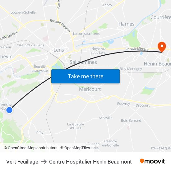 Vert Feuillage to Centre Hospitalier Hénin Beaumont map