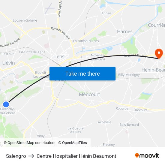 Salengro to Centre Hospitalier Hénin Beaumont map