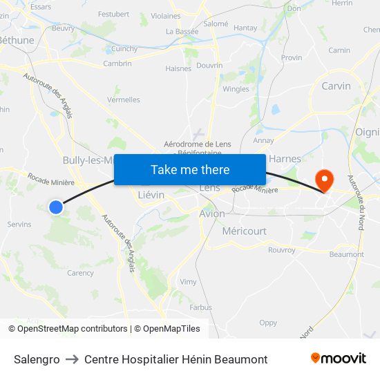 Salengro to Centre Hospitalier Hénin Beaumont map