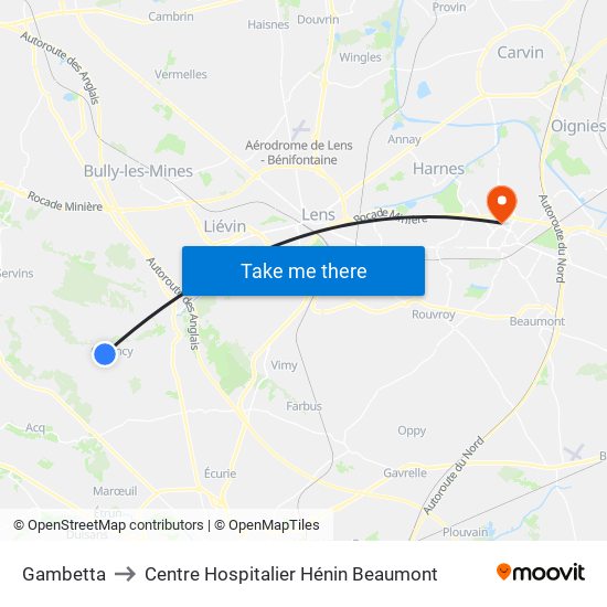 Gambetta to Centre Hospitalier Hénin Beaumont map