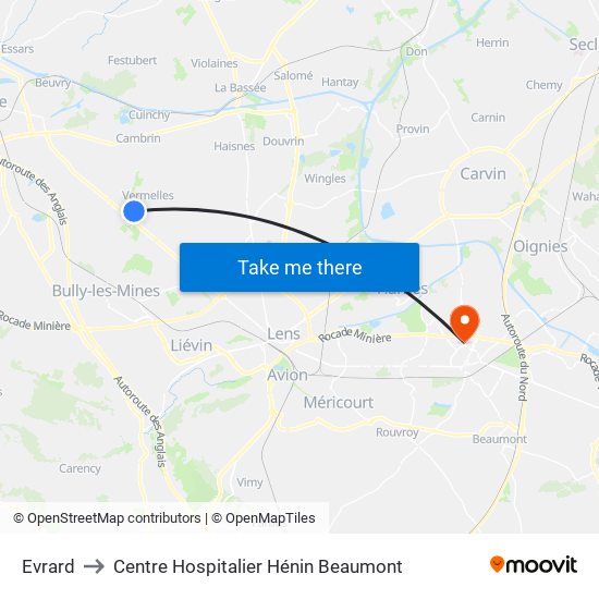 Evrard to Centre Hospitalier Hénin Beaumont map