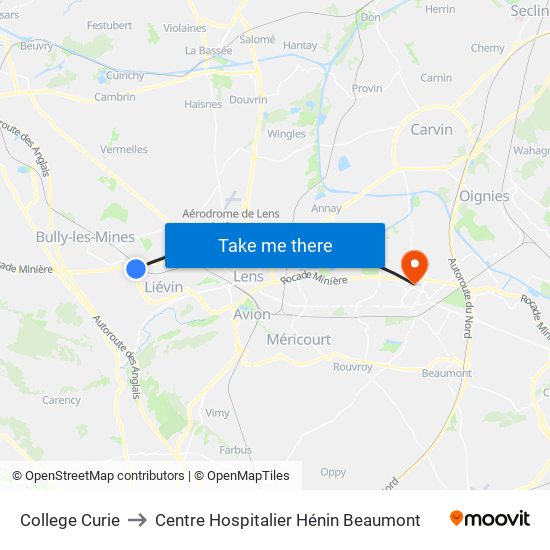 College Curie to Centre Hospitalier Hénin Beaumont map