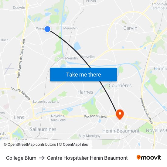 College Blum to Centre Hospitalier Hénin Beaumont map