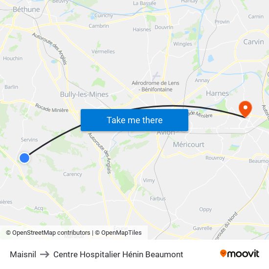 Maisnil to Centre Hospitalier Hénin Beaumont map