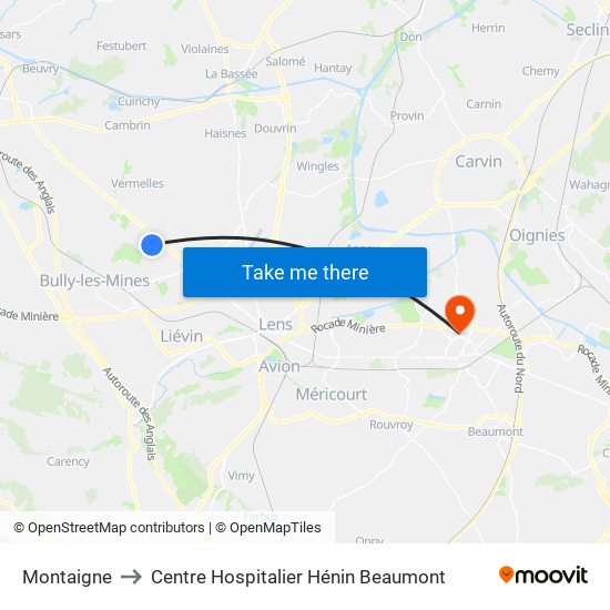 Montaigne to Centre Hospitalier Hénin Beaumont map