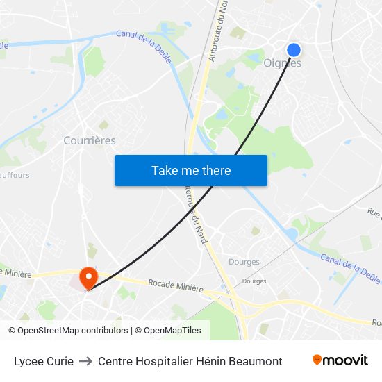 Lycee Curie to Centre Hospitalier Hénin Beaumont map