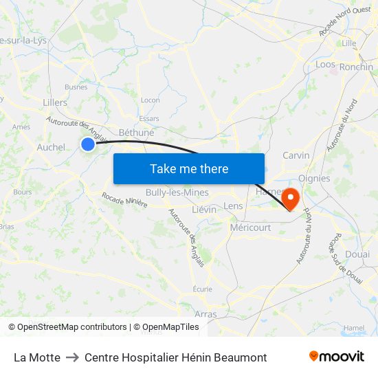 La Motte to Centre Hospitalier Hénin Beaumont map