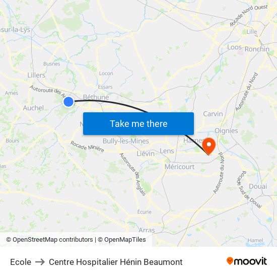 Ecole to Centre Hospitalier Hénin Beaumont map
