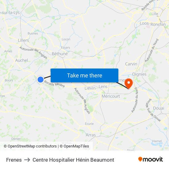 Frenes to Centre Hospitalier Hénin Beaumont map