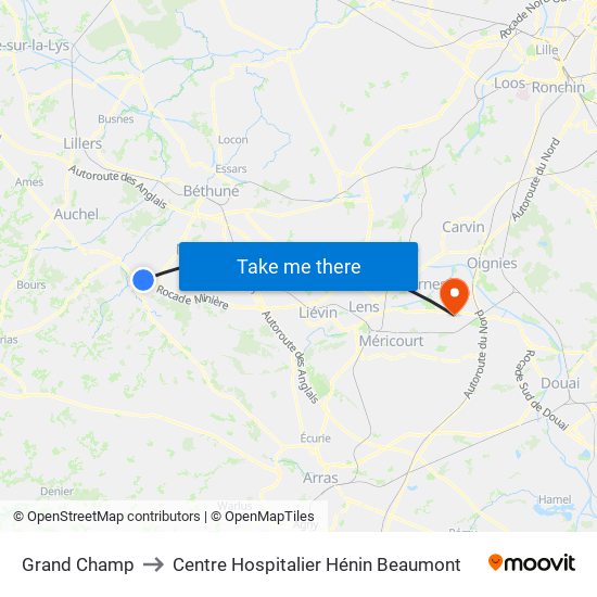 Grand Champ to Centre Hospitalier Hénin Beaumont map