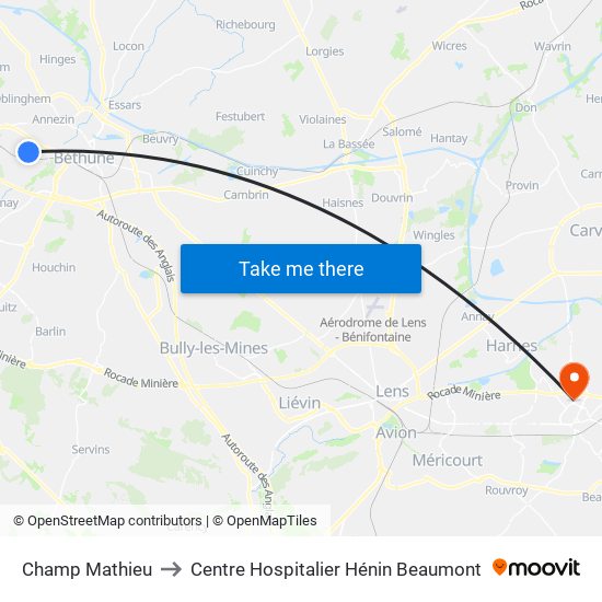 Champ Mathieu to Centre Hospitalier Hénin Beaumont map