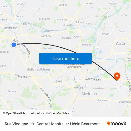 Rue Vicoigne to Centre Hospitalier Hénin Beaumont map