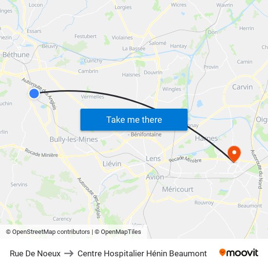 Rue De Noeux to Centre Hospitalier Hénin Beaumont map