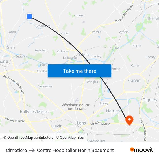 Cimetiere to Centre Hospitalier Hénin Beaumont map