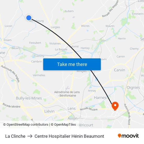 La Clinche to Centre Hospitalier Hénin Beaumont map