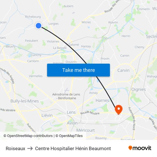 Roiseaux to Centre Hospitalier Hénin Beaumont map