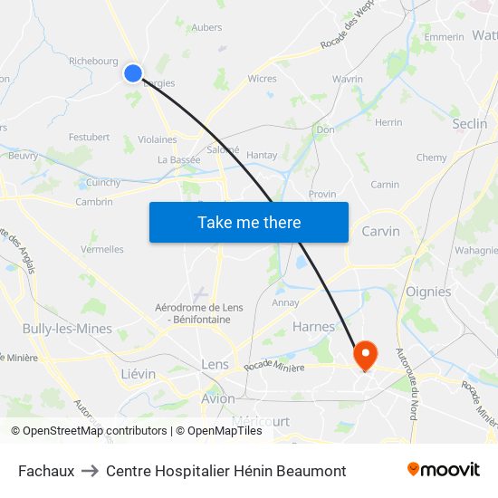 Fachaux to Centre Hospitalier Hénin Beaumont map