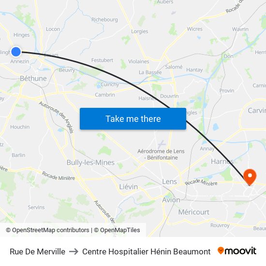 Rue De Merville to Centre Hospitalier Hénin Beaumont map