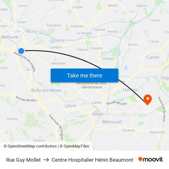 Rue Guy Mollet to Centre Hospitalier Hénin Beaumont map