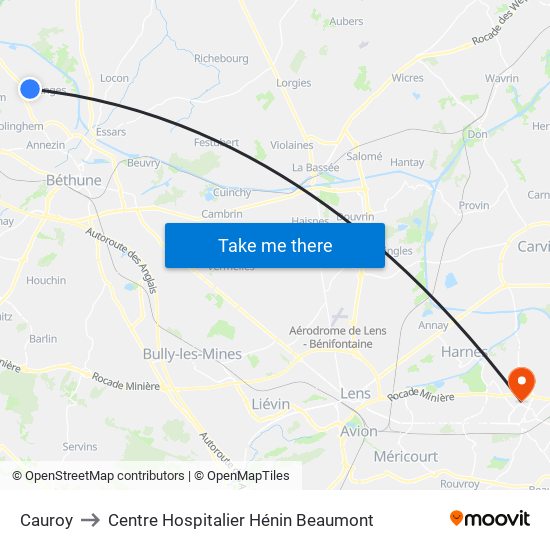 Cauroy to Centre Hospitalier Hénin Beaumont map