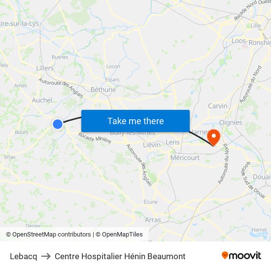 Lebacq to Centre Hospitalier Hénin Beaumont map