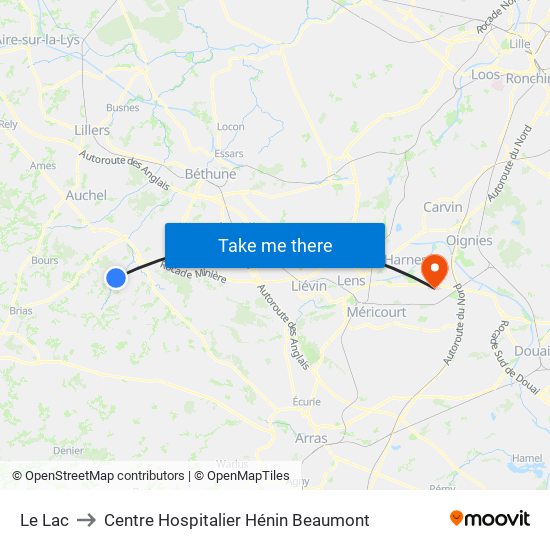 Le Lac to Centre Hospitalier Hénin Beaumont map