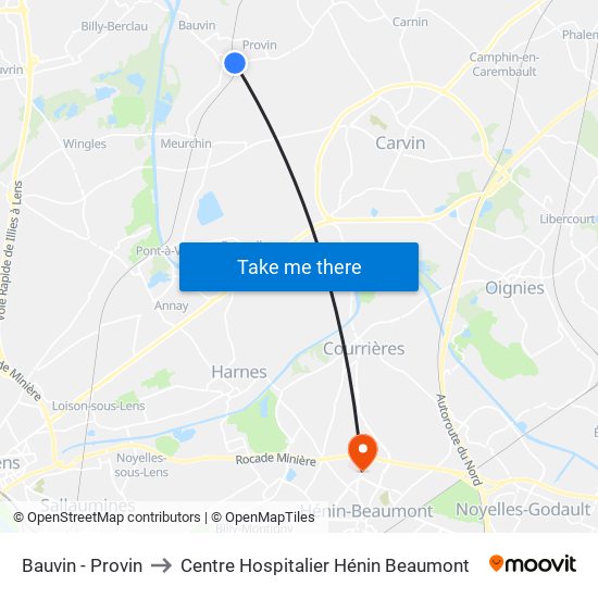 Bauvin - Provin to Centre Hospitalier Hénin Beaumont map