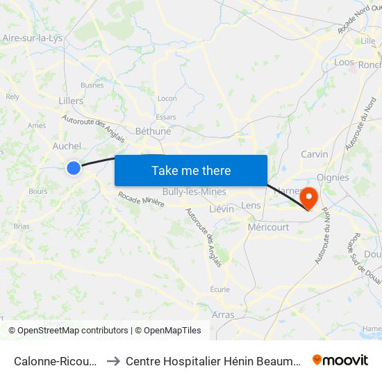 Calonne-Ricouart to Centre Hospitalier Hénin Beaumont map