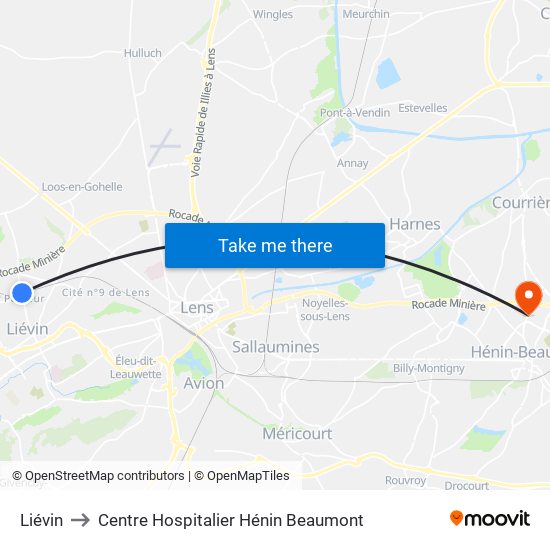 Liévin to Centre Hospitalier Hénin Beaumont map