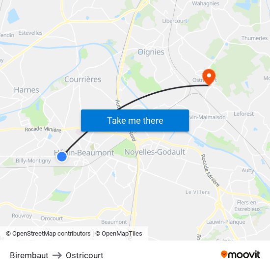Birembaut to Ostricourt map