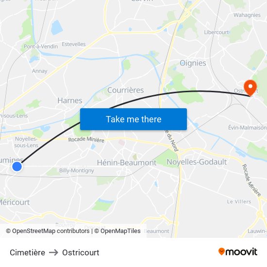 Cimetière to Ostricourt map