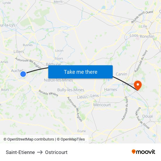 Saint-Etienne to Ostricourt map