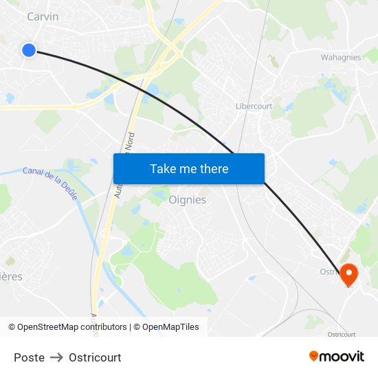 Poste to Ostricourt map