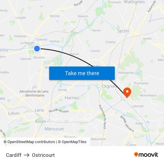 Cardiff to Ostricourt map