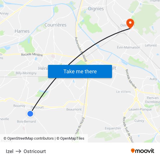 Izel to Ostricourt map