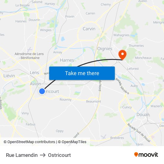 Rue Lamendin to Ostricourt map