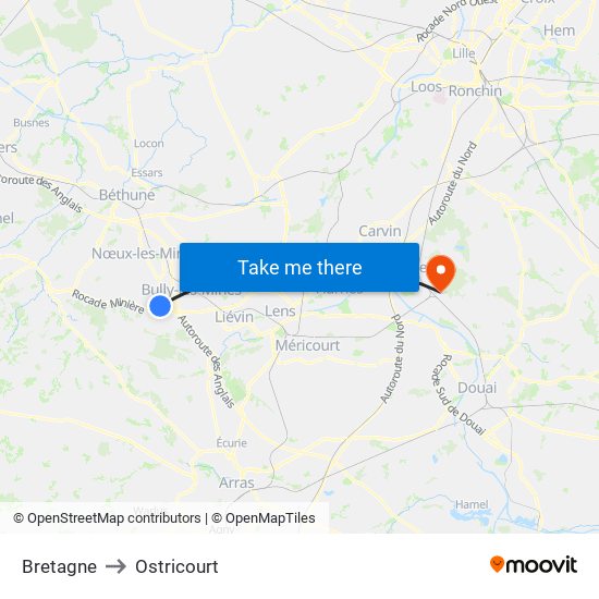 Bretagne to Ostricourt map