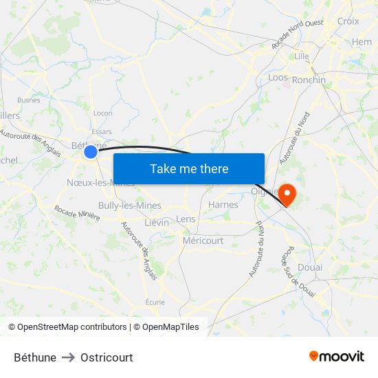 Béthune to Ostricourt map